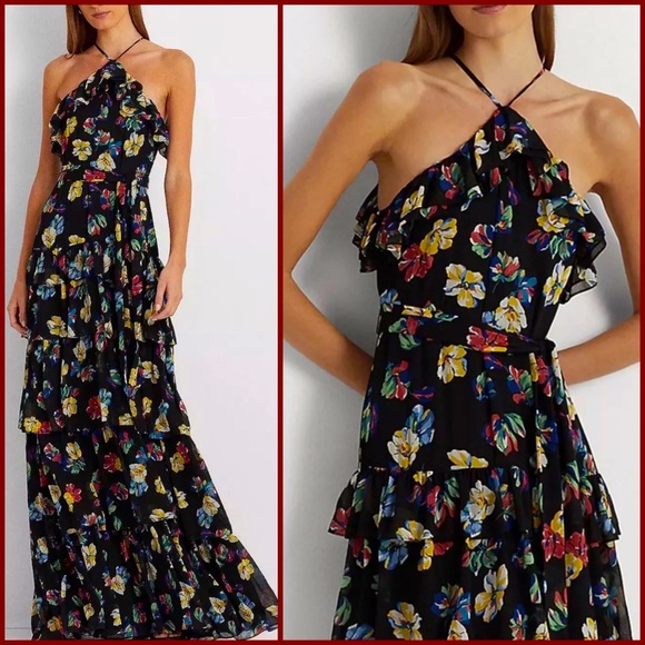 Lauren x Ralph Lauren $295 Dress Floral Georgette Halter Gown Maxi Dress - Picture 1 of 7